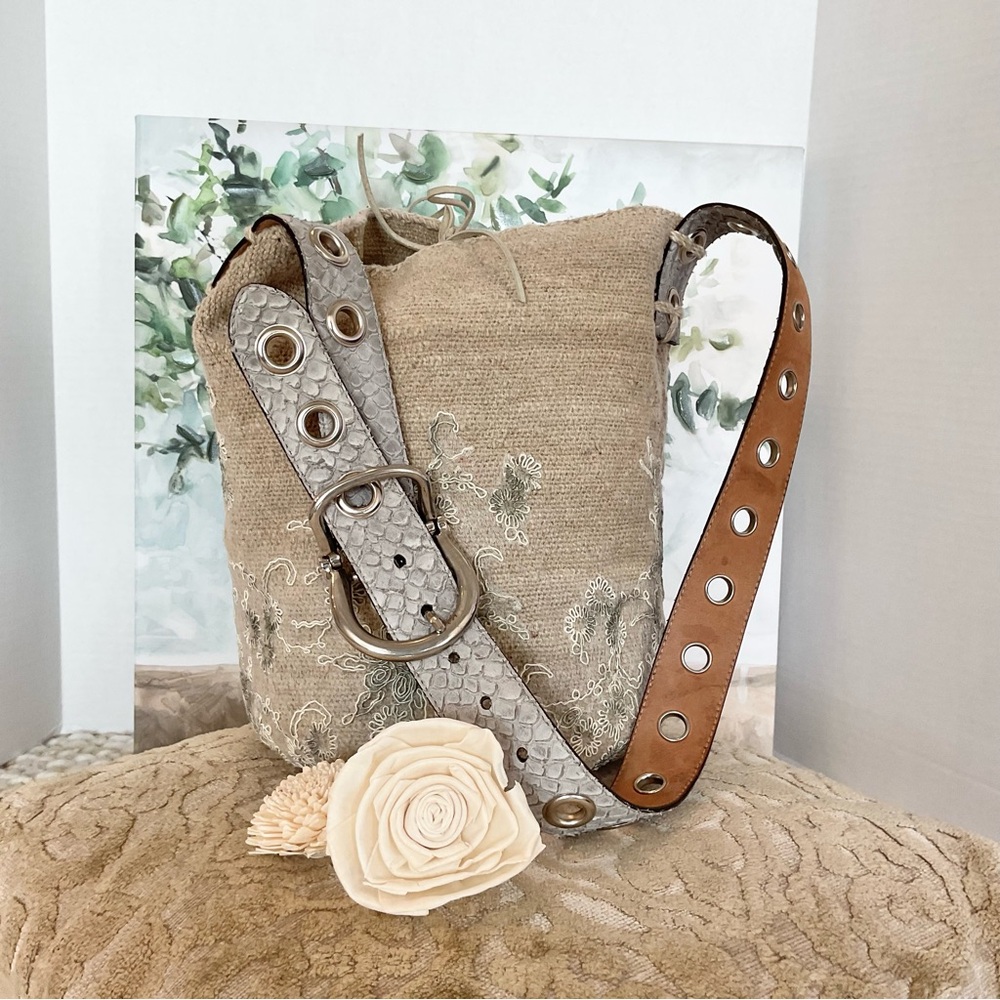 Claudia Akel Handmade Boho Woven/Embroidered/Leather Bucket Bag, EUC - Picture 2 of 9